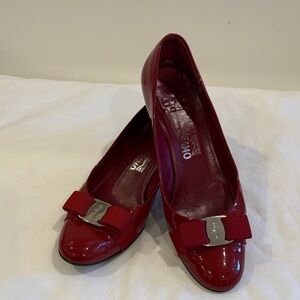 Salvatore Ferragamo Vintage Red Patent Leather Kitten Heels